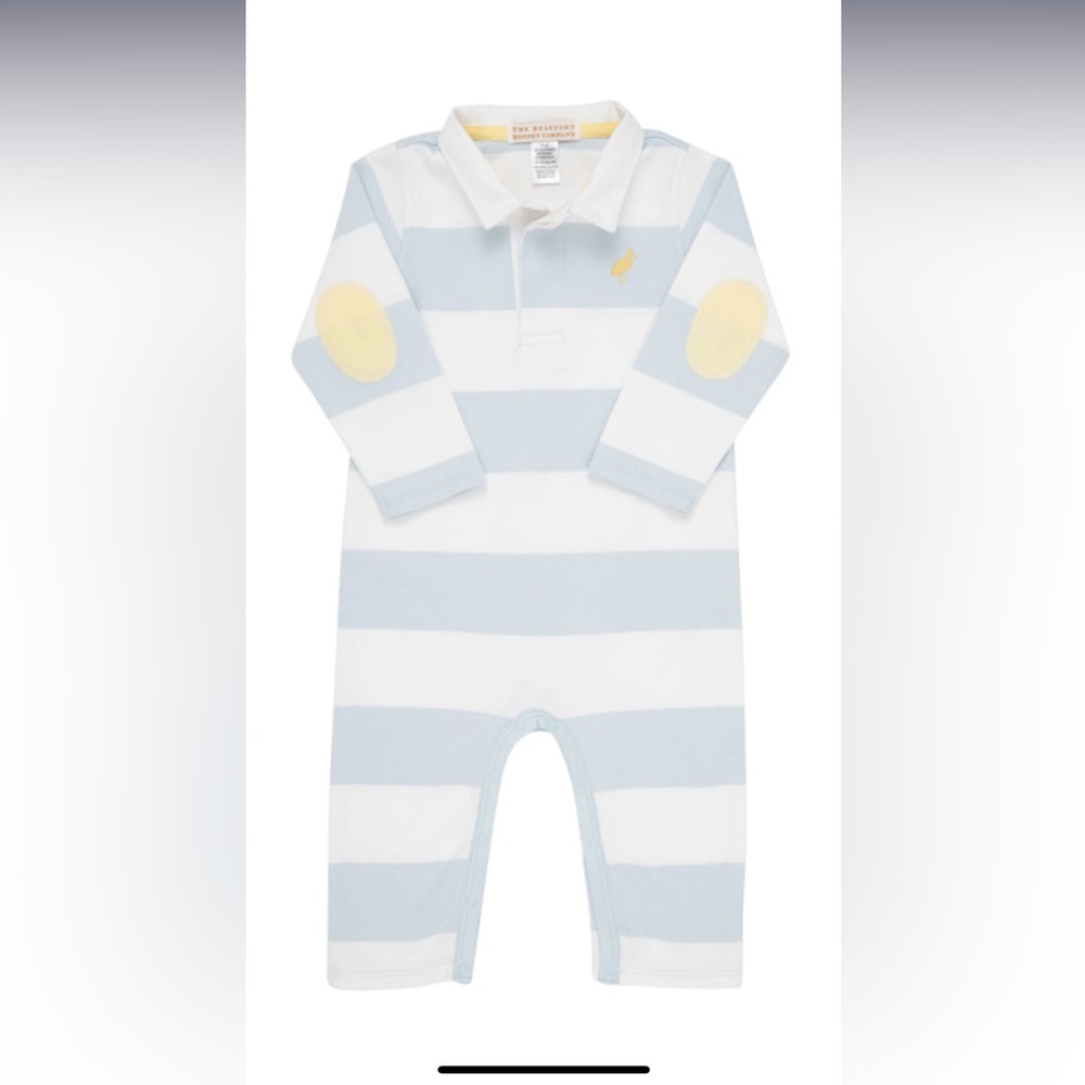 Beaufort Bonnet rugby romper Buckhead blue rugby stripe